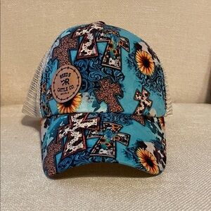 Turquoise Cross & Sunflower Mesh Back Trucker Hat